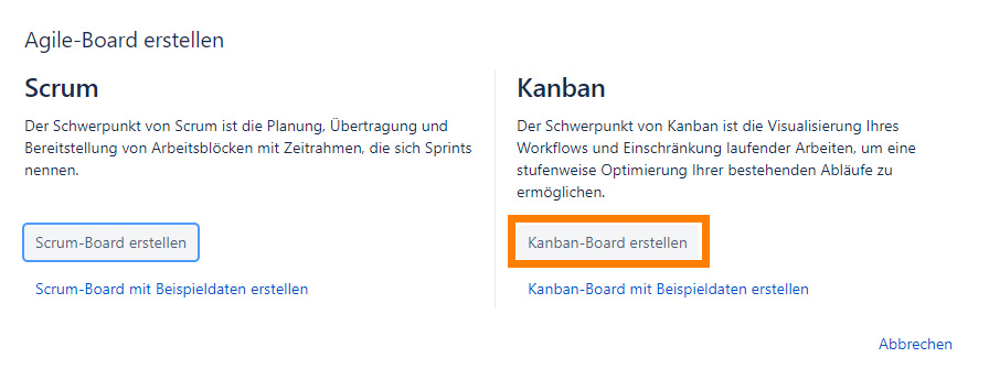 Auswahl Scrum- und Kanban-Board