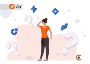 Person mit Atlassian Jira Tools Logos umringt