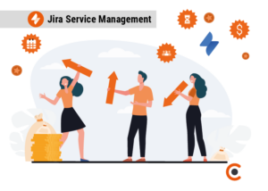 gezeichnete Menschen halten Pfeile hoch und vergleichen die Tarife von Jira Service Management