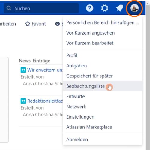 Beobachtungsliste öffnen in Confluence Data Center