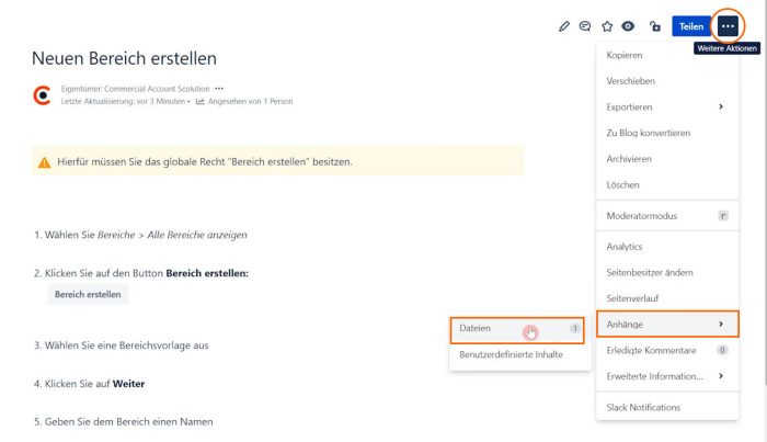 Die Anhangsübersicht in Confluence öffnen